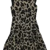 Brown polyester-blend leopard print jacquard sleeveless flounce hem cocktail dress