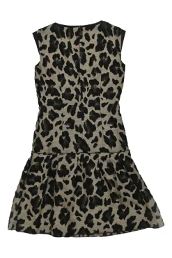 Brown polyester-blend leopard print jacquard sleeveless flounce hem cocktail dress