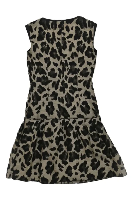 Brown polyester-blend leopard print jacquard sleeveless flounce hem cocktail dress