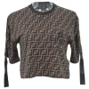 Brown printed cotton jersey crewneck pullover ruched half-sleeve knit crop top featuring FF Zucca motif