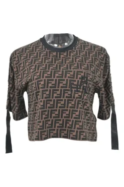Brown printed cotton jersey crewneck pullover ruched half-sleeve knit crop top featuring FF Zucca motif