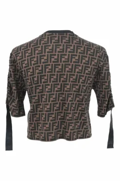 Brown printed cotton jersey crewneck pullover ruched half-sleeve knit crop top featuring FF Zucca motif