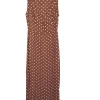 Brown rayon polka dot Naomi dress with gathered bodice, cinched waist, and pencil skirt