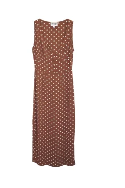 Brown rayon polka dot Naomi dress with gathered bodice, cinched waist, and pencil skirt