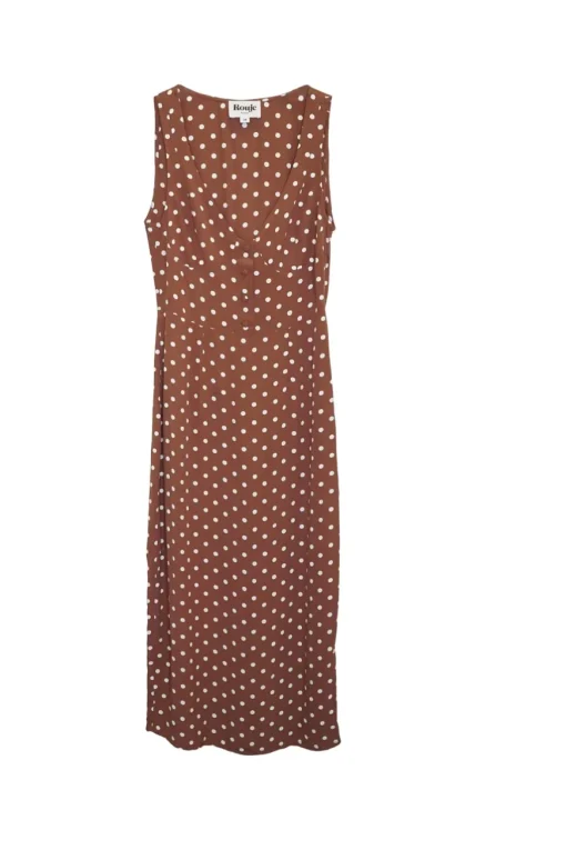 Brown rayon polka dot Naomi dress with gathered bodice, cinched waist, and pencil skirt