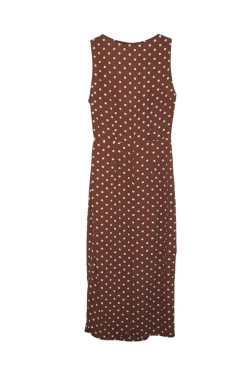 Brown rayon polka dot Naomi dress with gathered bodice, cinched waist, and pencil skirt