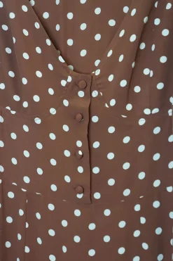 Brown rayon polka dot Naomi dress with gathered bodice, cinched waist, and pencil skirt