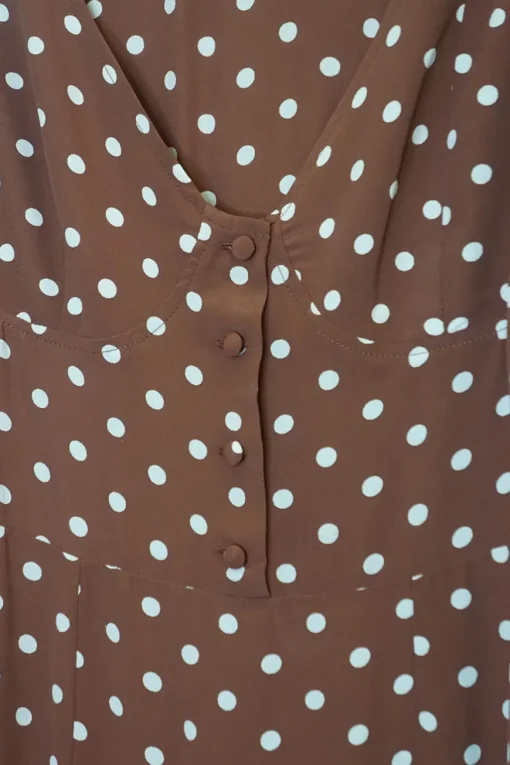 Brown rayon polka dot Naomi dress with gathered bodice, cinched waist, and pencil skirt