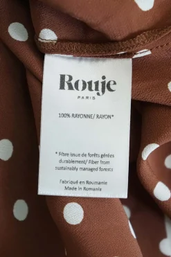 Brown rayon polka dot Naomi dress with gathered bodice, cinched waist, and pencil skirt