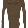 Brown rayon-blend pullover spread notch collar plissé-style rib knit polo with cinched waist panel