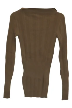 Brown rayon-blend pullover spread notch collar plissé-style rib knit polo with cinched waist panel