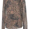 Brown semi-sheer abstract print long sleeve pullover blouse