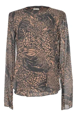 Brown semi-sheer abstract print long sleeve pullover blouse