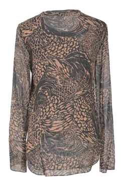 Brown semi-sheer abstract print long sleeve pullover blouse