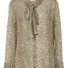 Brown semi-sheer silk cheetah print georgette pussy-bow blouse