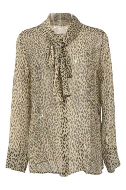 Brown semi-sheer silk cheetah print georgette pussy-bow blouse