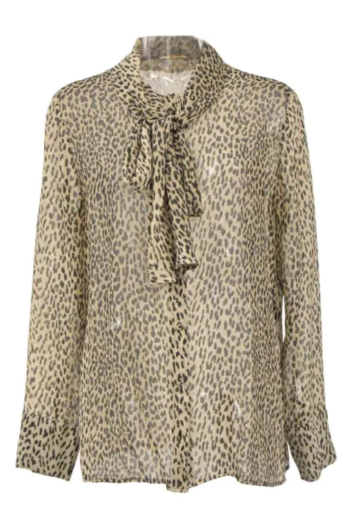 Brown semi-sheer silk cheetah print georgette pussy-bow blouse