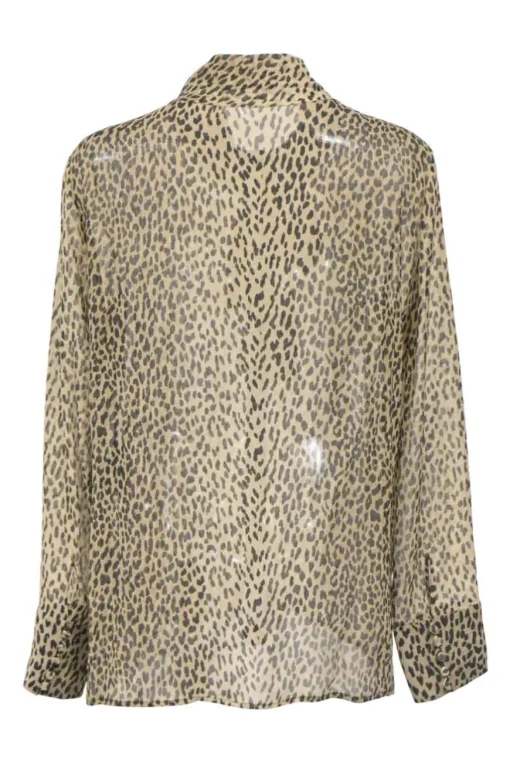 Brown semi-sheer silk cheetah print georgette pussy-bow blouse