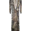 Brown semi-sheer silk chiffon palm leaf print pullover wrap-effect plunge maxi dress with elasticated waist