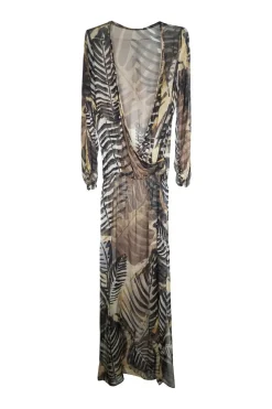 Brown semi-sheer silk chiffon palm leaf print pullover wrap-effect plunge maxi dress with elasticated waist