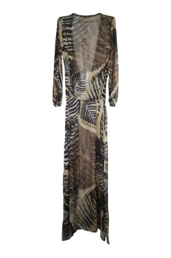 Brown semi-sheer silk chiffon palm leaf print pullover wrap-effect plunge maxi dress with elasticated waist