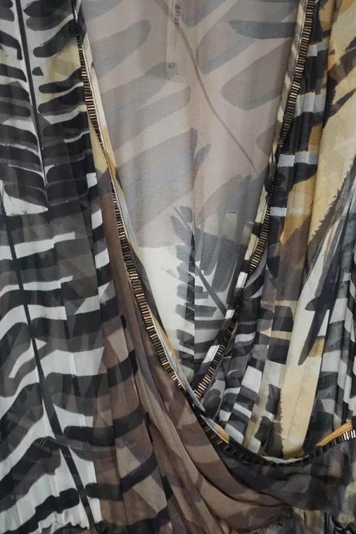 Brown semi-sheer silk chiffon palm leaf print pullover wrap-effect plunge maxi dress with elasticated waist