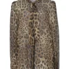 Brown semi-sheer silk leopard print pussy-bow button-front blouse