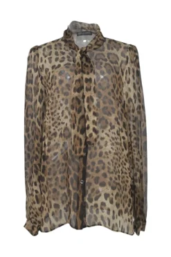 Brown semi-sheer silk leopard print pussy-bow button-front blouse