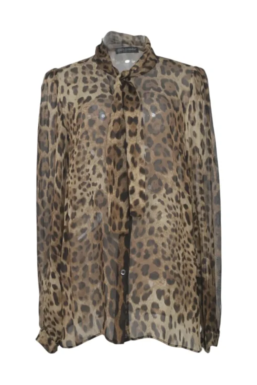 Brown semi-sheer silk leopard print pussy-bow button-front blouse