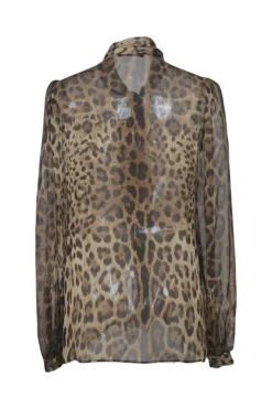 Brown semi-sheer silk leopard print pussy-bow button-front blouse
