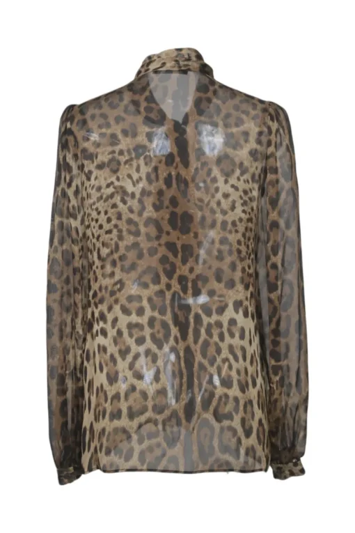 Brown semi-sheer silk leopard print pussy-bow button-front blouse