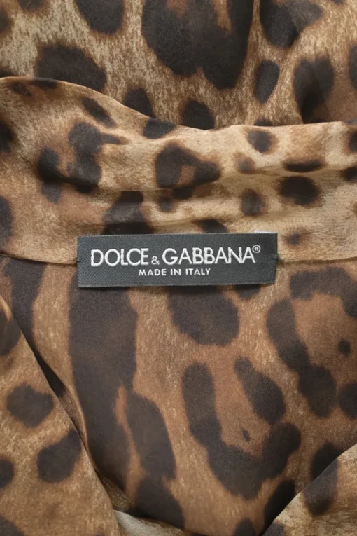 Brown semi-sheer silk leopard print pussy-bow button-front blouse