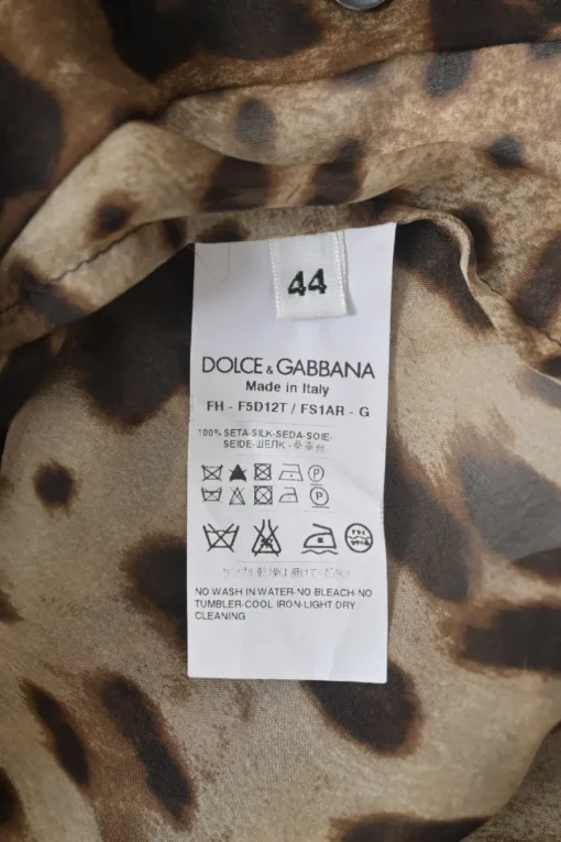 Brown semi-sheer silk leopard print pussy-bow button-front blouse