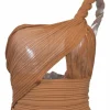 Brown semi-sheer viscose-blend plissé rib knit twisted one-shoulder crop top