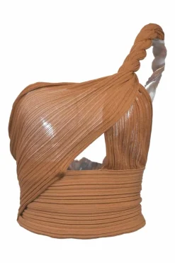 Brown semi-sheer viscose-blend plissé rib knit twisted one-shoulder crop top