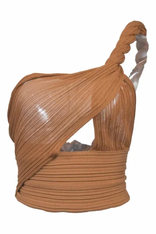 Brown semi-sheer viscose-blend plissé rib knit twisted one-shoulder crop top