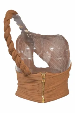 Brown semi-sheer viscose-blend plissé rib knit twisted one-shoulder crop top