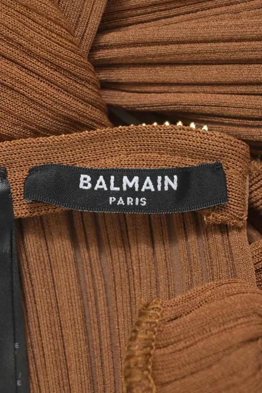 Brown semi-sheer viscose-blend plissé rib knit twisted one-shoulder crop top