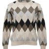 Brown sequin-embellished wool-blend argyle knit crewneck pullover sweater