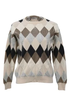 Brown sequin-embellished wool-blend argyle knit crewneck pullover sweater