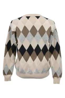 Brown sequin-embellished wool-blend argyle knit crewneck pullover sweater