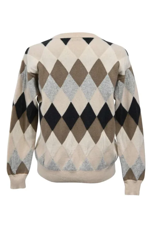 Brown sequin-embellished wool-blend argyle knit crewneck pullover sweater