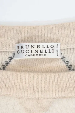 Brown sequin-embellished wool-blend argyle knit crewneck pullover sweater