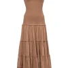 Brown shirred cotton-blend drop-waist sun dress with gathered fixed straps and tiered skirt