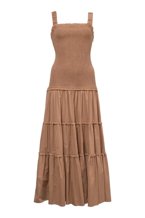 Brown shirred cotton-blend drop-waist sun dress with gathered fixed straps and tiered skirt