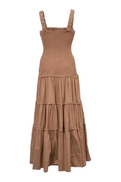Brown shirred cotton-blend drop-waist sun dress with gathered fixed straps and tiered skirt
