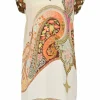Brown silk abstract paisley print cap sleeve V-neck foulard shift dress