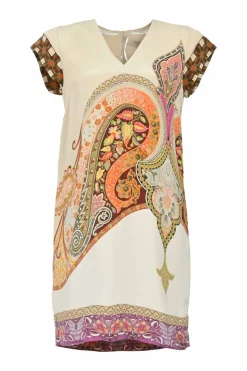 Brown silk abstract paisley print cap sleeve V-neck foulard shift dress