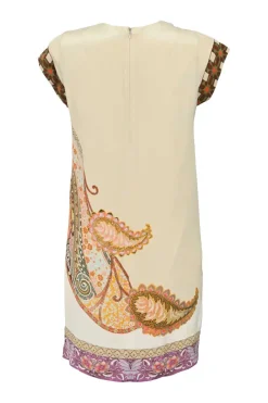Brown silk abstract paisley print cap sleeve V-neck foulard shift dress