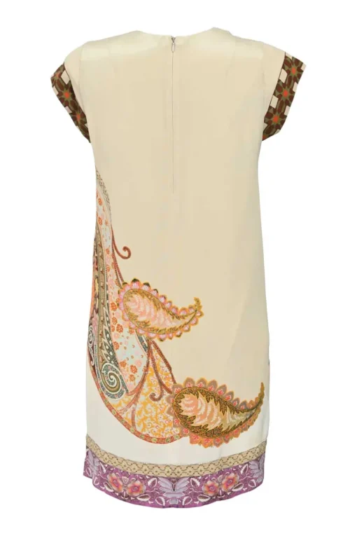 Brown silk abstract paisley print cap sleeve V-neck foulard shift dress